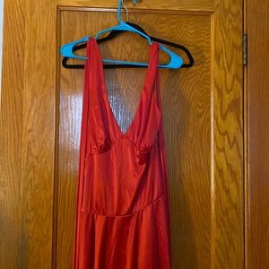 Red satin halter dress